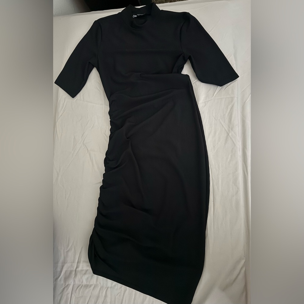 Zara Ribbed Bodycon Black Midi Dress